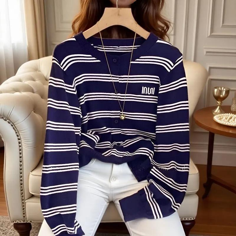 

Французский кардиган с цветными блоками, полосатый, с вышивкой букв, с круглым вырезом, вязаный, куртка, свободный для женщин L темно-синий