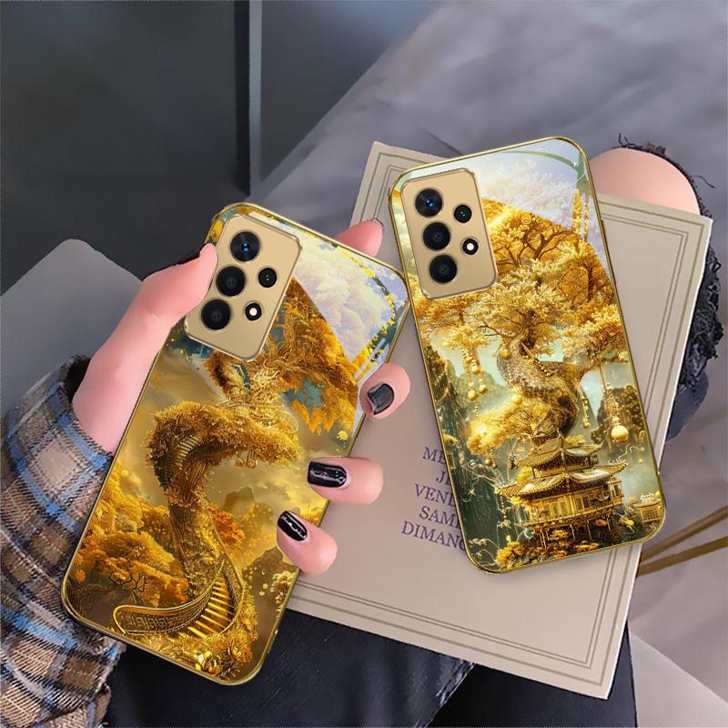 Mythical Golden Dragon For Samsung A 01 52S A04 A05S A10 A12 13 22 23 24 36 42 M02 Note 10 20Ultra 8 9 Golden glass phone case