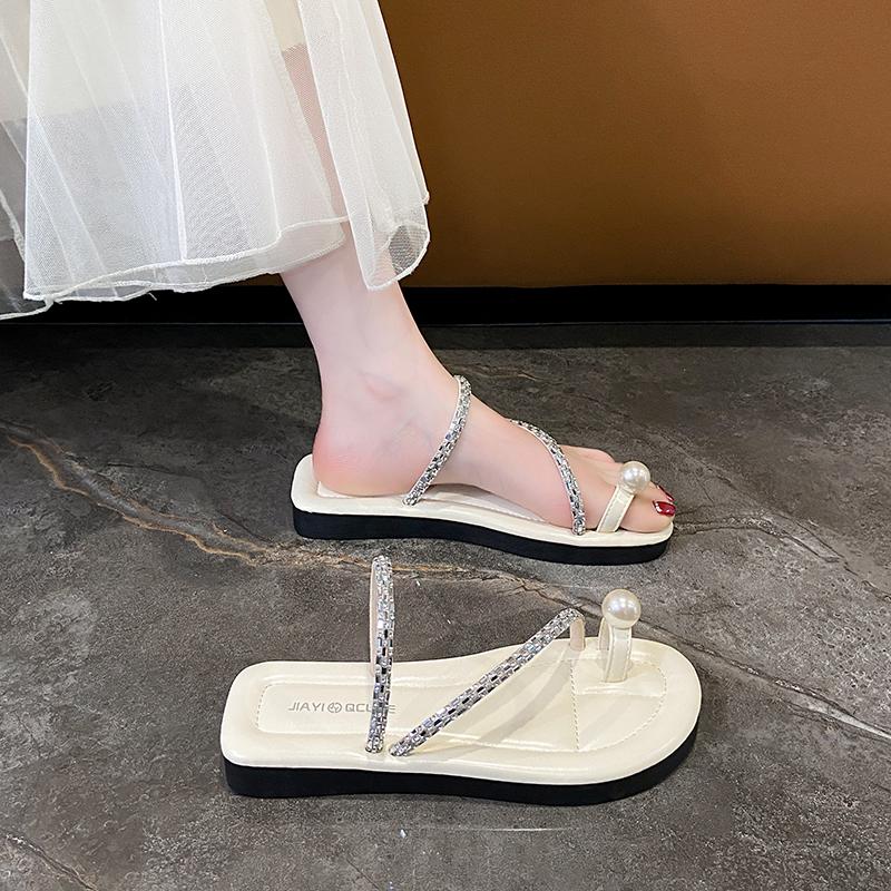 CRLAYDK Women's Slide Sandals Slip On Flat Beach Flip Flop Thong Casual Summer Rhinestone Ladies Ring Toe Travel Slippers