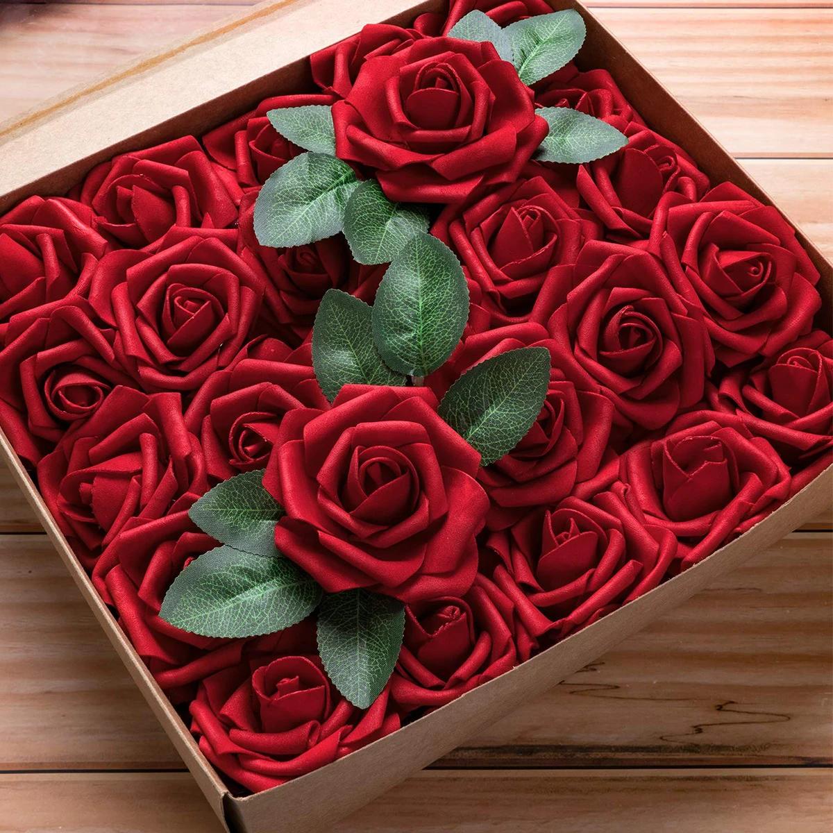 

25 шт. искусственных цветов розы, настоящие, выглядящие как пенопластовые розы оптом со стеблями для свадебных букетов своими руками, свадебной вечеринки, домашнего декора, искусственные розы красный