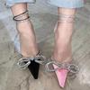 Fashion New Fashion Glitter Rhinestones Women Pumps Crystal Bowknot Silk Pointed Toe Buckle Strap Thin High Heels Party Prom Shoes