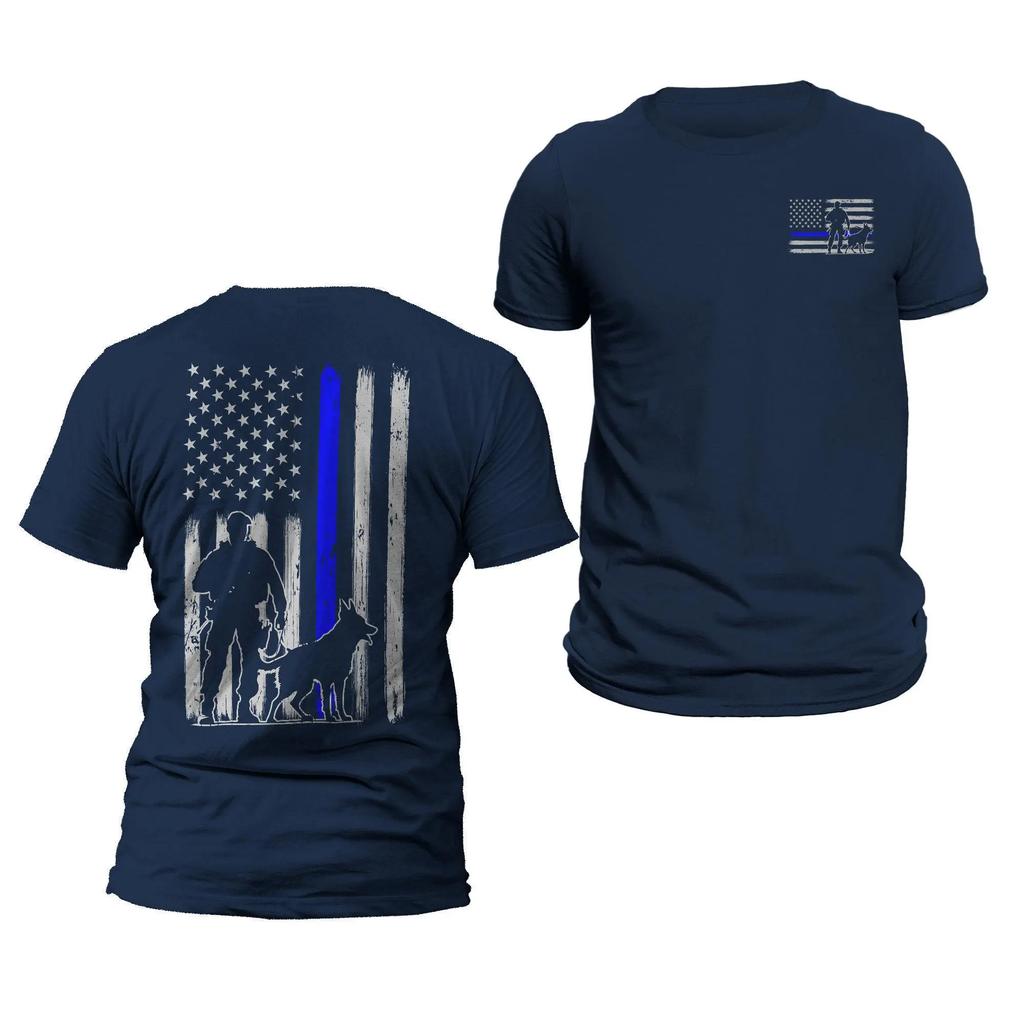 Police K Unit Thin Blue Line Flag Front Back Print Vertical Brushed Design TShirt Casual Classic Crewneck Unisexswear