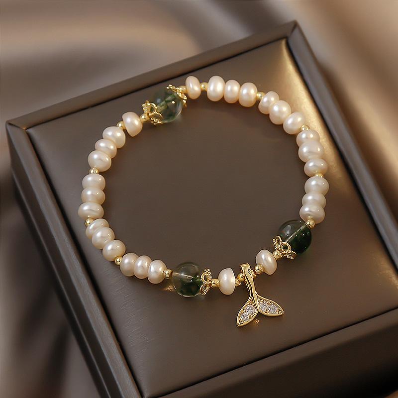 

New Arrival Elegant Fish Tail Natural Freshwater Pearl & Crystal 14K Gold Filled Female Charm Bracelet For Women Gifts