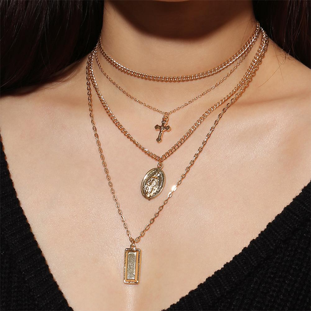 Vintage Exaggerated Personality Alloy Virgin Mary Cross Multilayered Pendent Necklace Birthday Gifts for Women, Girls, Mother