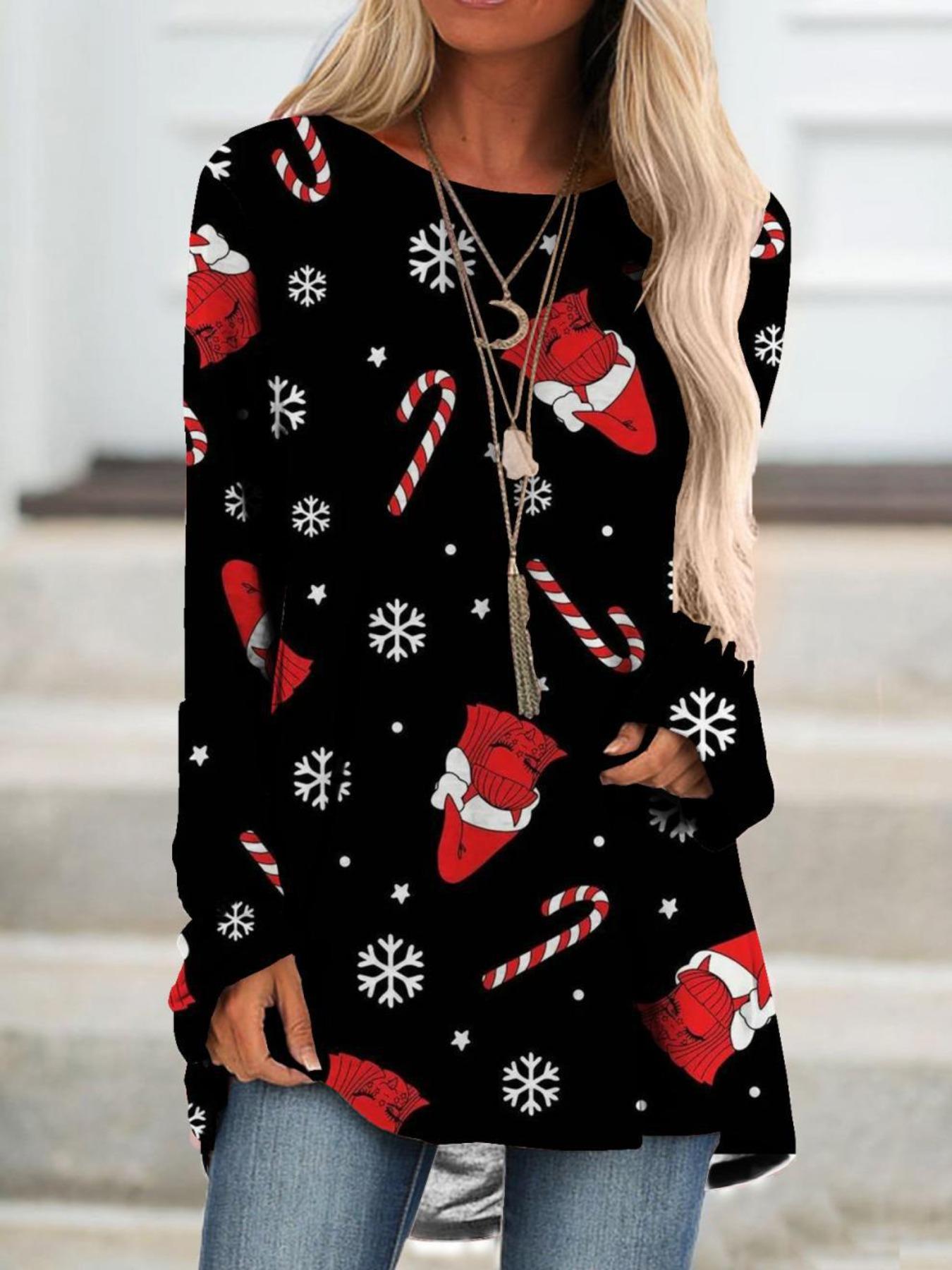

Plus Size Women Spring Christmas Printed Comfy Long Sleeve Round Collar T-shirt Casual Baggy Mid Length Tee Tops XS