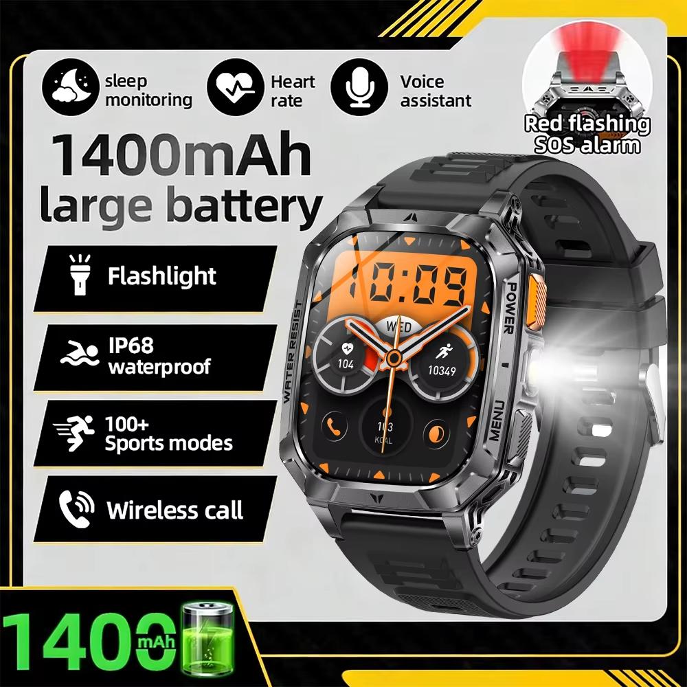 For Android iOS Watch Smart Call Sports Monitor Health Flashlight Waterproof IP68 Men Smartwatch Military Battery 1400 mAh New