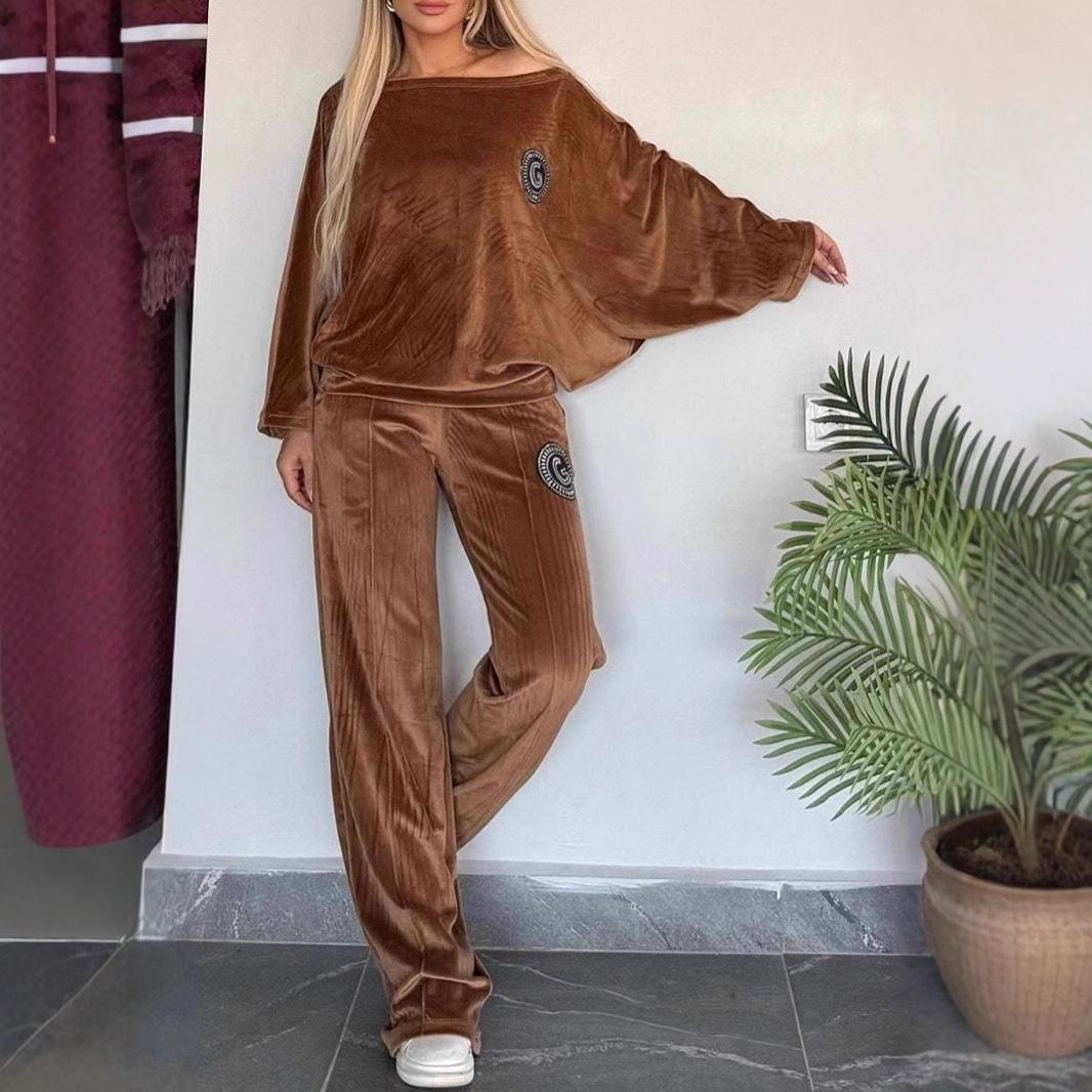 

Женские комплекты из золотистого бархата, однотонные, с круглым вырезом, рукавами «летучая мышь», вышитым узором, верхом, повседневными брюками XXXL темно-коричневого