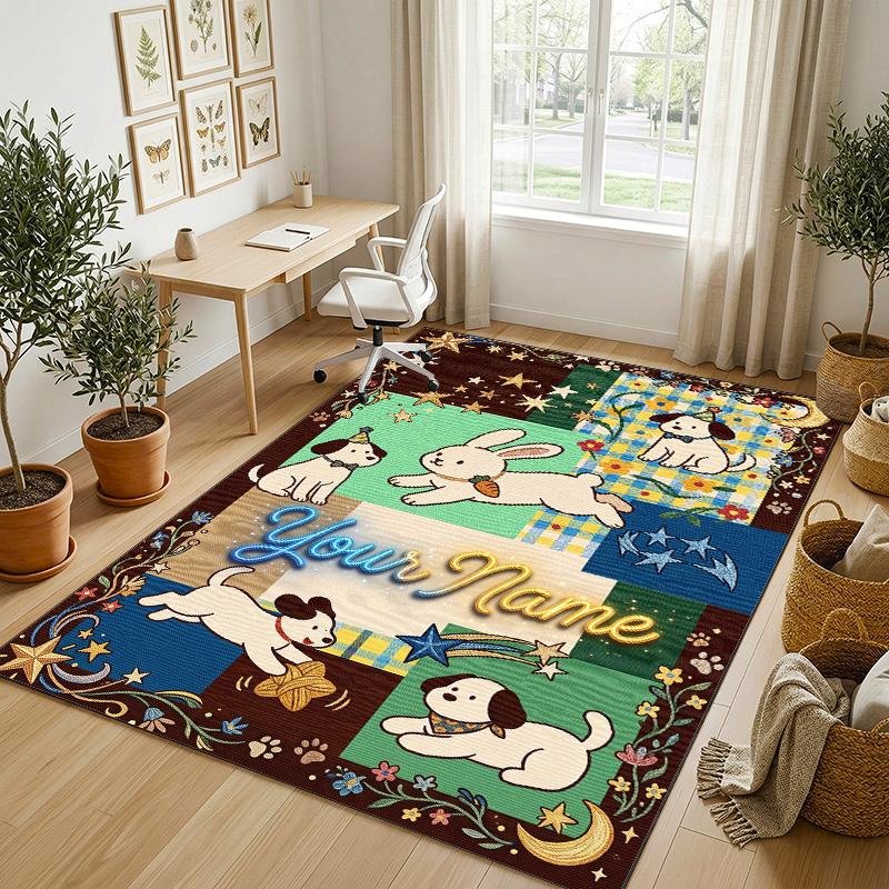 Dog Theme Crystal Velvet Rug Personalized Custom Name Text Soft Floor Mat Home Decor