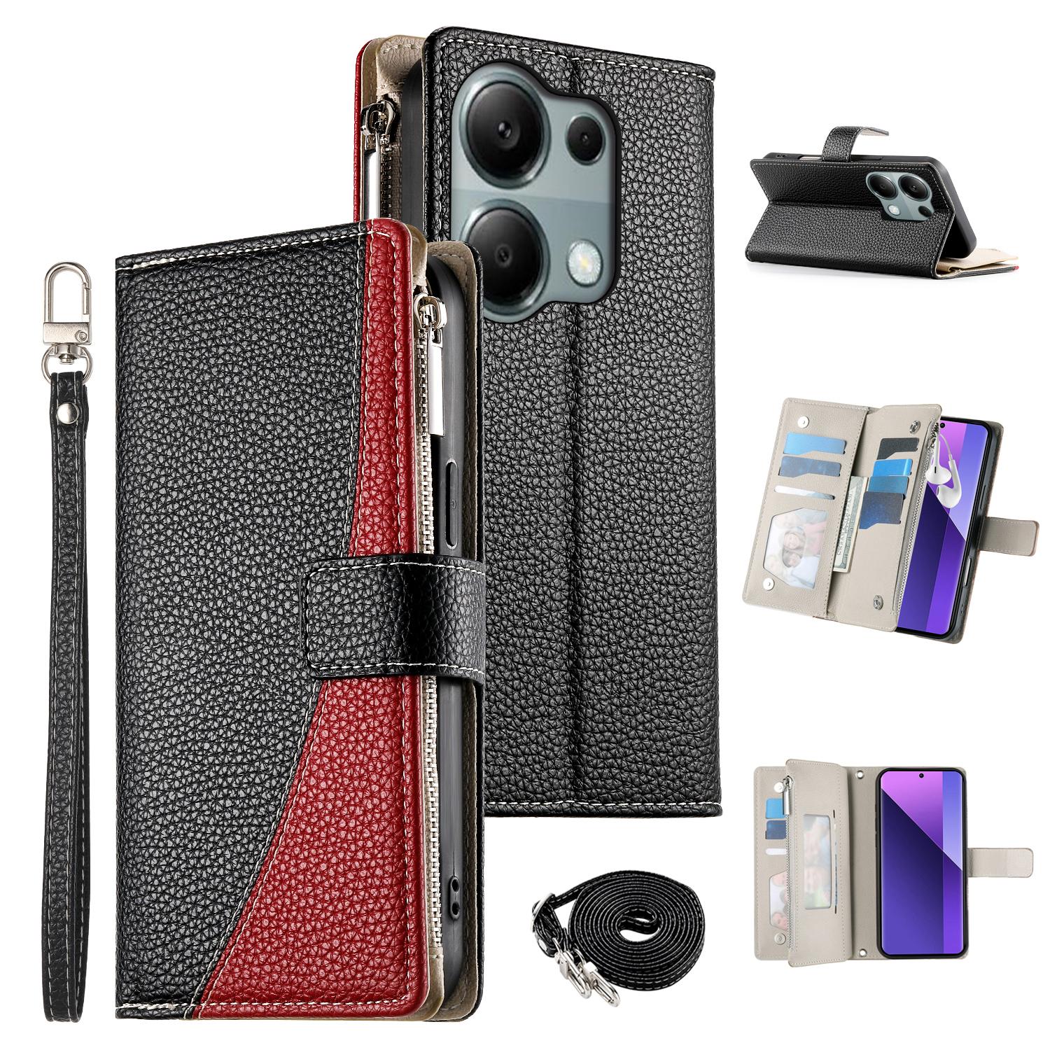 

Для Xiaomi Redmi Note 13 Pro 4G/Poco M6 Pro 4G Чехол Кошелек на молнии Кожаный откидной чехол для телефона с ремешками Black