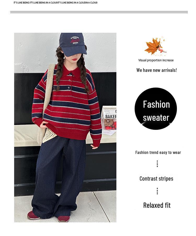 2025 Stickad polotröja med ränder för flickor - Höst/Vintermode för barn