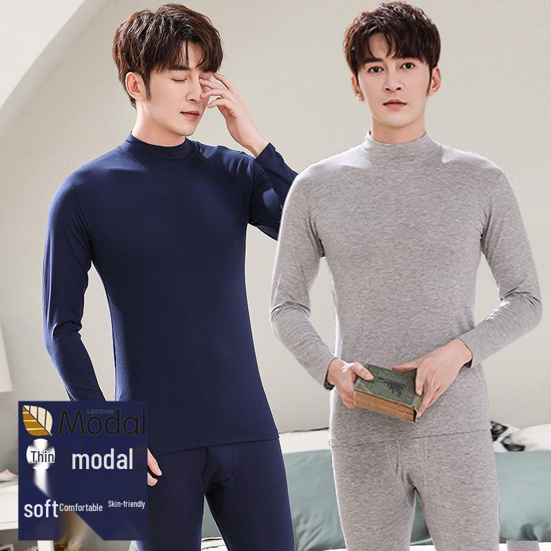 Men's Modal Half-High Neck Shirt and Trousers Warm Underwear Set - Autumn/Winter Base Layer Knitwear
