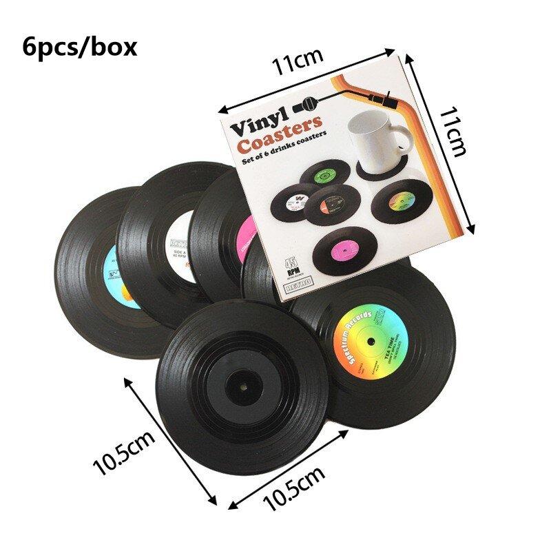 6pc Record Cup Plastic Retro Disk Cup Mat Anti-slip Coffee Coasters Heat Resistant Drink Mug Mat Table Placemat Holder Home Deco