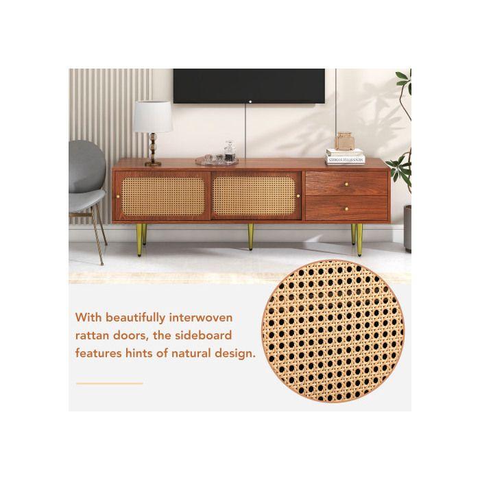 Elegantní TV stolek, 2 zásuvky, 2 posuvná ratanová dvířka, 4 úložné přihrádky, 160*40*60 cm.
