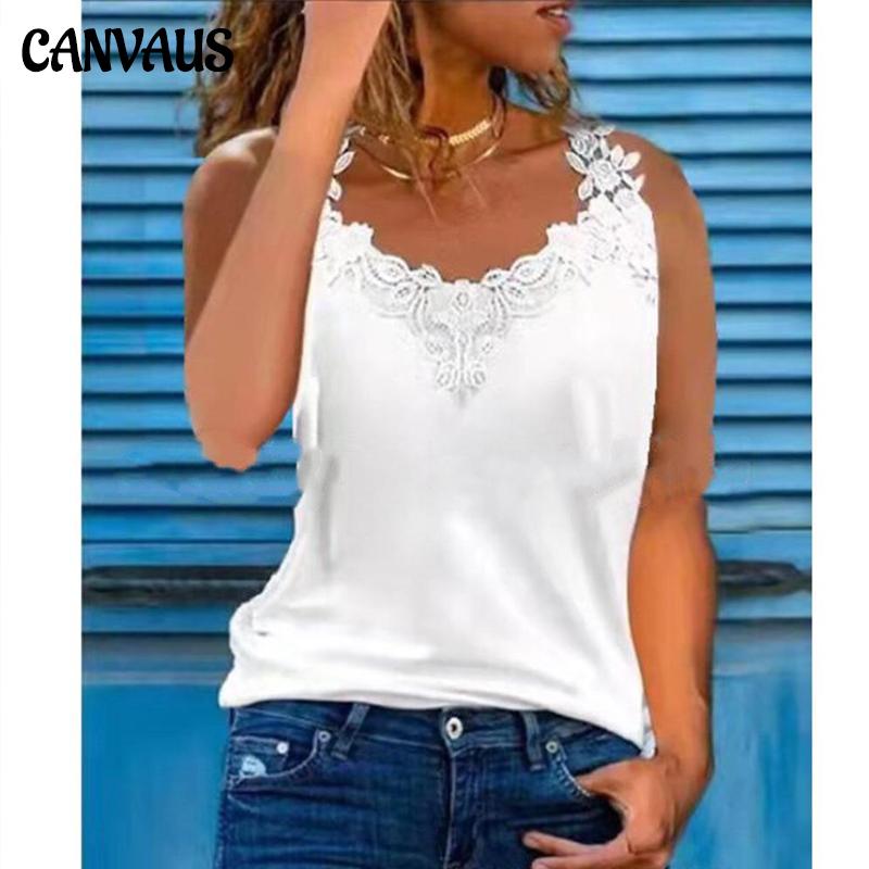 Chaleco de moda para mujer Verano Tallas grandes Camisas casuales Encaje Costura Sin mangas Tops