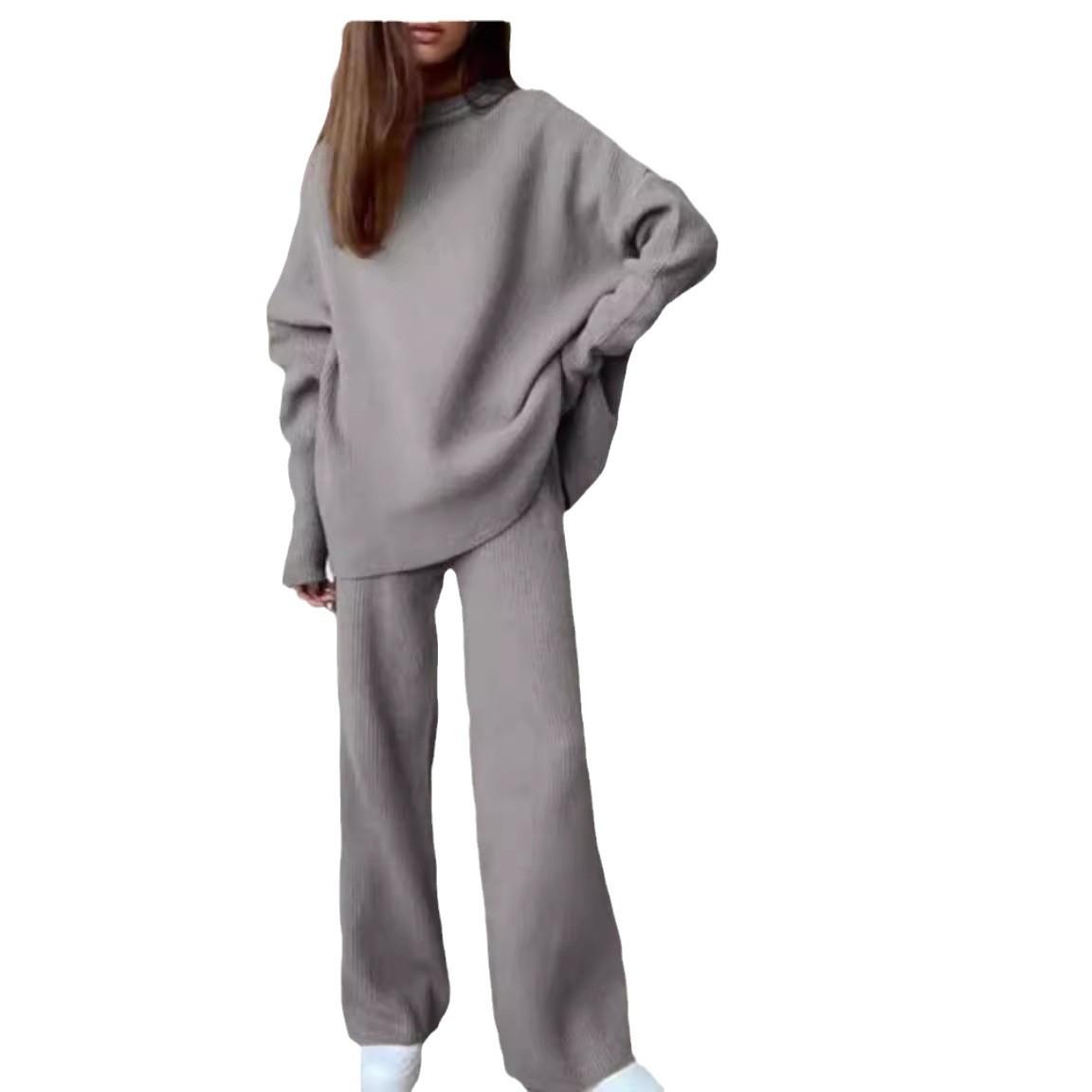 

Женский весенне-осенний однотонный трикотажный свободный повседневный комплект из двух предметов с высоким воротом для женщин XXXXL