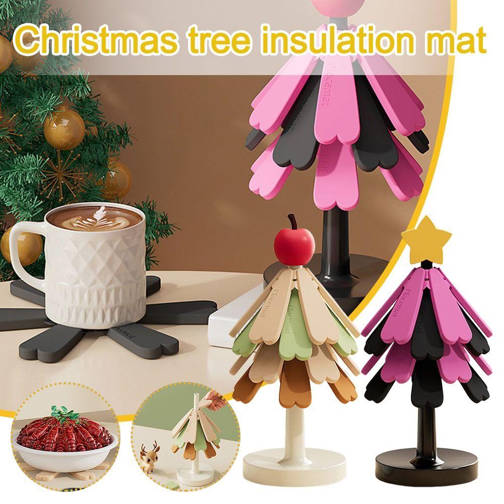 Foldable Wooden Tree Trivet Heat-insulating Decoration Christmas Tree Trivets Set with Stand Set of 3/4 Cup Coaster Set