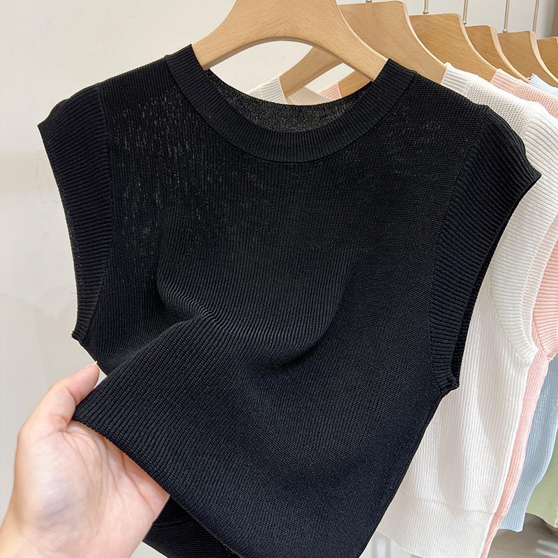 

2025 Весна и лето Ледяной Шелковый трикотажный жилет женский простой облегающий тонкий круглый вырез рубашка модный элегантный повседневный офисный топ без рукавов One size чёрный