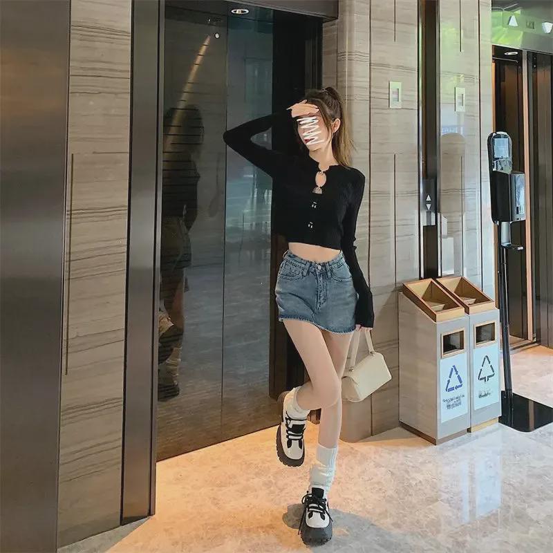 2025 Plus Size Spicy Retro A-line Denim Mini Skirt - High Waist Summer Skirt Pants for Women