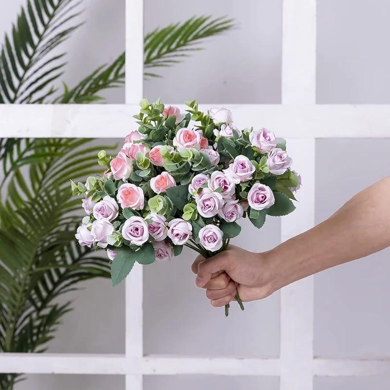 10 Heads Artificial Flower Silk Rose White Eucalyptus Leaves Peony Bouquet Fake Flower for Wedding Table Party Vase Home Decor