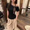 Pure Cotton, Slanted Shoulder Short-sleeved T-shirt, Women's Summer Leopard Print Bow Splicing, Slim and Thin, Pure Desire Versatile Top