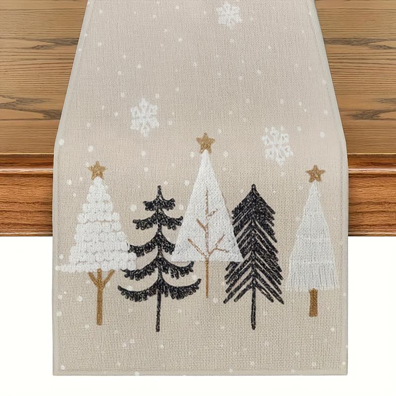 Multi-sizes Christmas Table Runner Linen Beige Table Runner Decoration With Christmas Trees, Pine Trees And Snowflakes Pattern