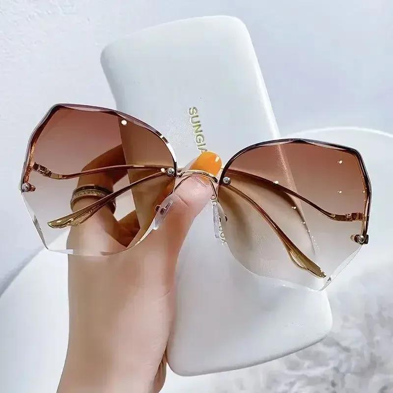 Irregular Round Sunglases Women Brand Designer Gradient Fashion Sun Glasses Female Rimless Metal Curved Temples Oculos De Sol