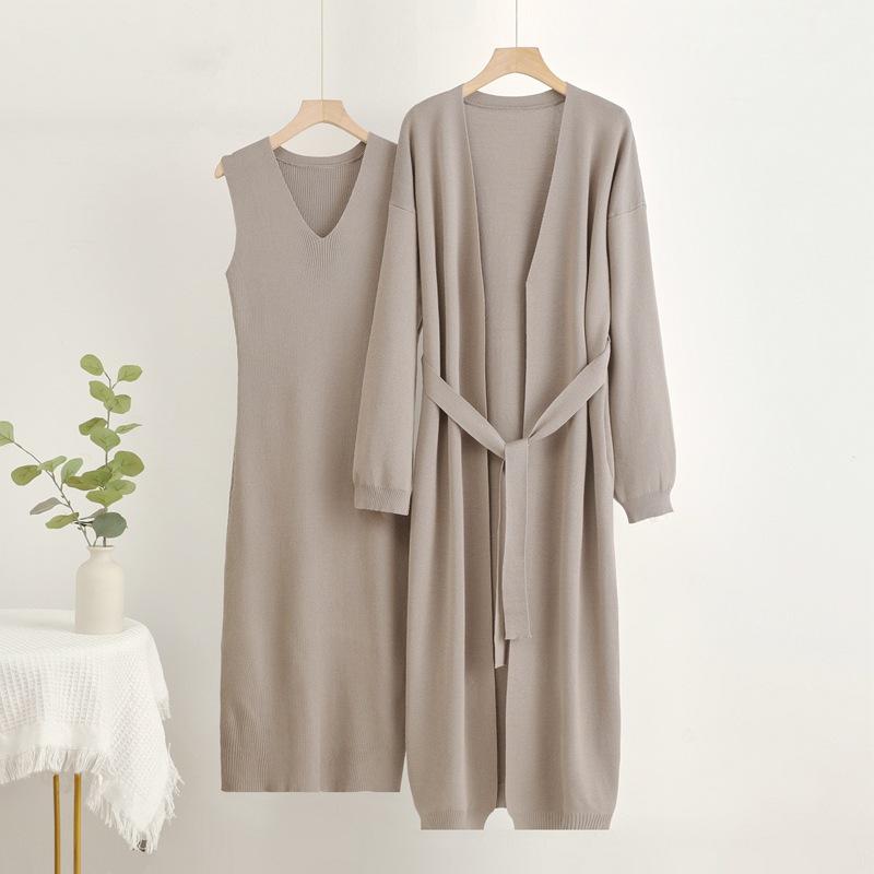 Autumn and Winter Lazy Loose Knitted Suit Women's Long Shawl Cardigan Dress Two-piece Set