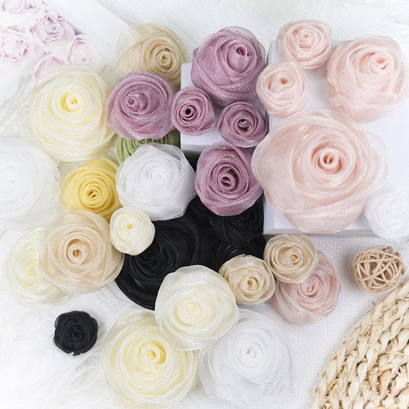 3-4.5cm Organza Snow Rose Head Dress Hair Party Decoration Small Flower DIY Handmade Clothing Accessories Costume Designing