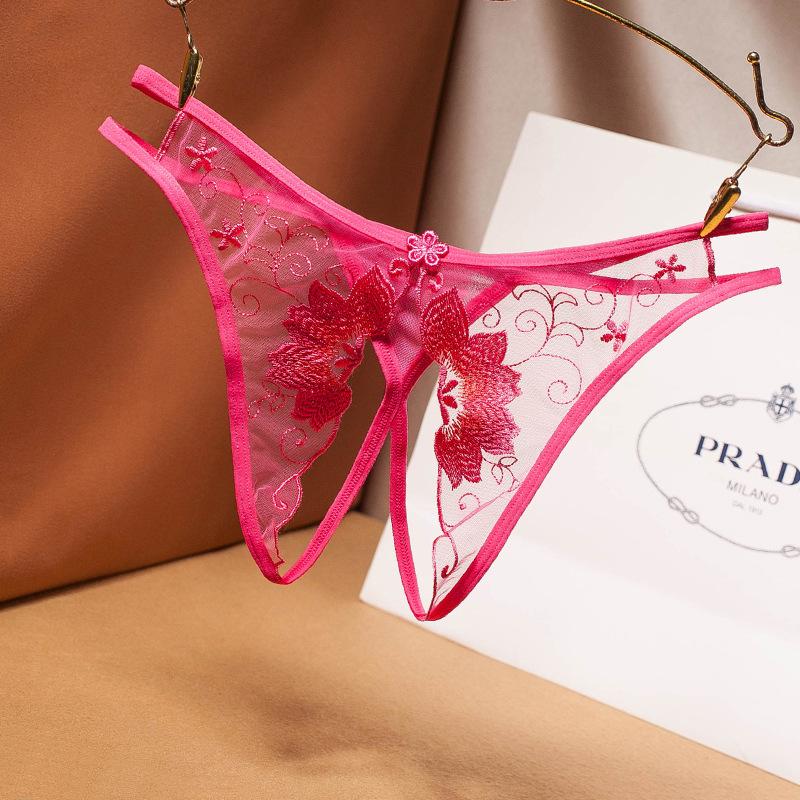 Sexy Floral Lace Thongs Women Panties See Through Crotch Opening Erotic Underwear Temptation Lingerie