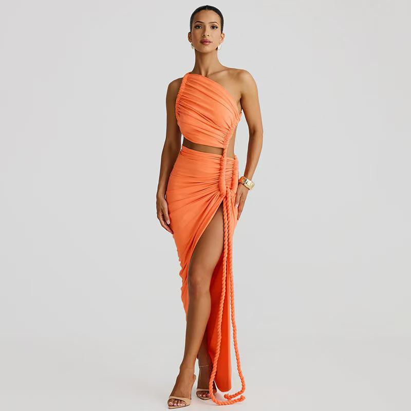 Women's One-Shoulder Ruffled Bandeau Dress: Sexy Summer Backless Split Long Dress