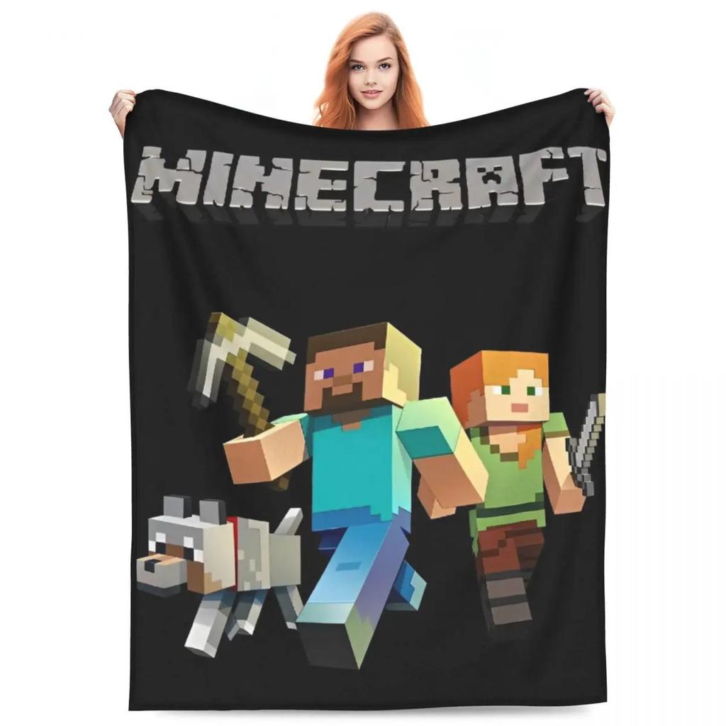 Cartoon Mines Pixel Game Crafts Flannel Blanket Super Warm Throw Blanket for Home Decor Decorative Street Trend Bedspread