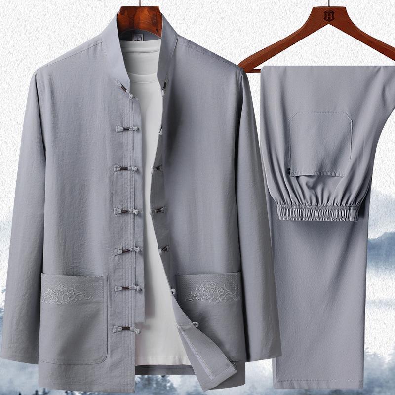 Men's Long-Sleeve Traditional Chinese Tang Suit for Spring/Summer - Ideal for Middle-aged and Elderly Dads and Grandpas, Perfect for Tai Chi.