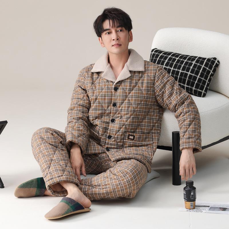 Pajamas Men'S Autumn And Winter Three-Layer Fleece Warm Coral Fleece Padded Cotton Men'S Woven Cotton Homewear Padded Jacket Set