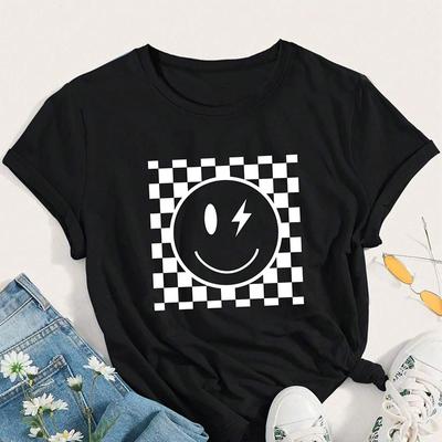 Mode Frauen Einfache Quadratische Smiley Gesicht Spleißen Print T Shirt Lustige Casual Oansatz Kurzen Ärmeln T-shirt Sommer Weibliche T-shirt