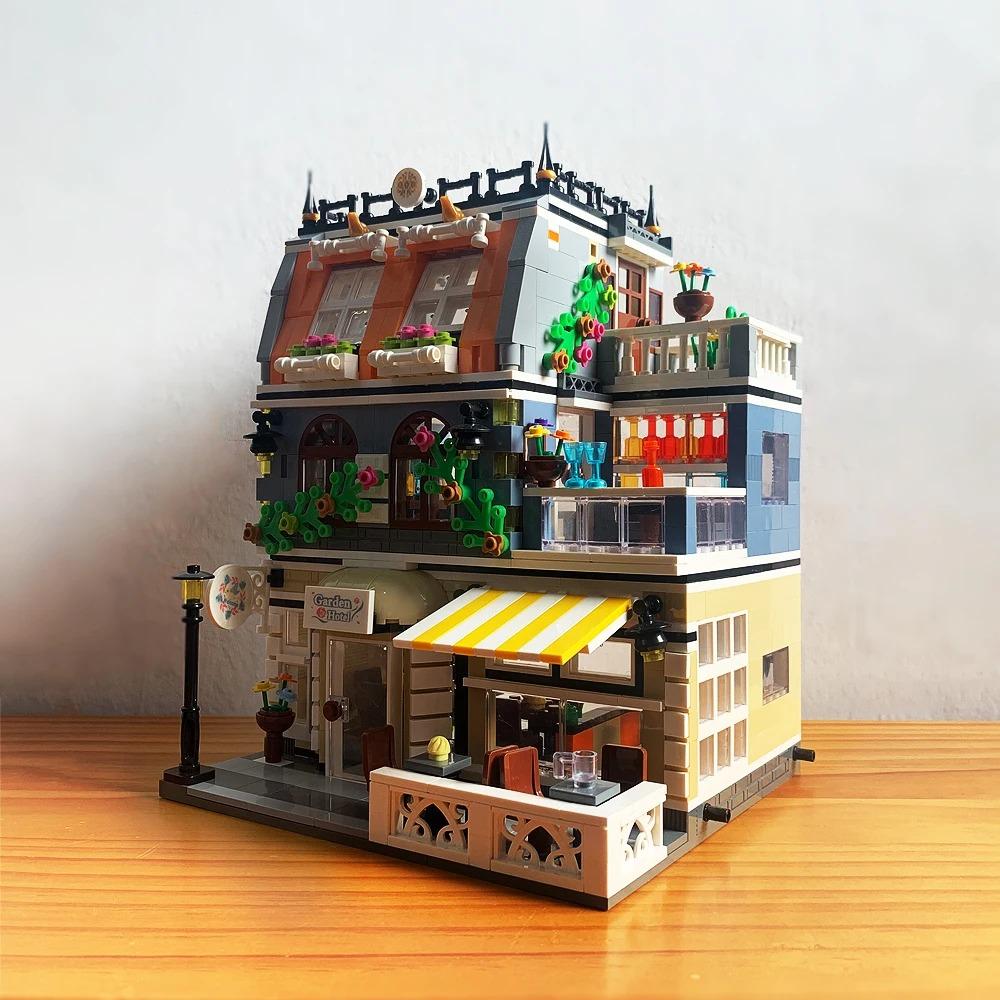 Garden Hotel Themed Building Blocks Set with Light City Street View Model Bricks Creative DIY Kit Ideal Kids Birthday Gift Toy