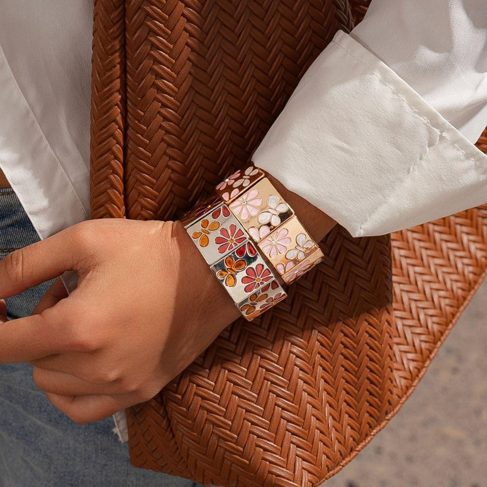 Metal Drip Oil Flower Bracelet Silver Elastic Bangles Geometric Square Bangle Decoration