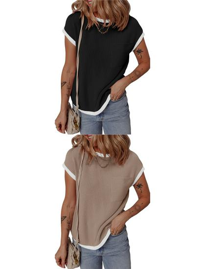 Women's Short Sleeve Ribbed Knit T-shirt - Casual Spring/Summer Top