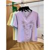 Womens Purple Floral Embroidered Blouse Casual Round Neck Half Button Short Sleeve Top