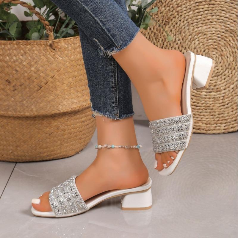 Women's European American Fashion One Strap Rhinestone High Heel Chunky Heel Slide Sandals