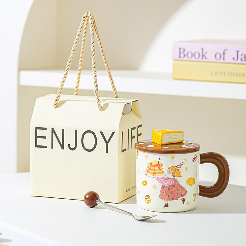 Dessert Bread Boy Girl Ceramic Mug Couple Cup Water Cup with Lid Cute Cup Underglaze Color for Girls