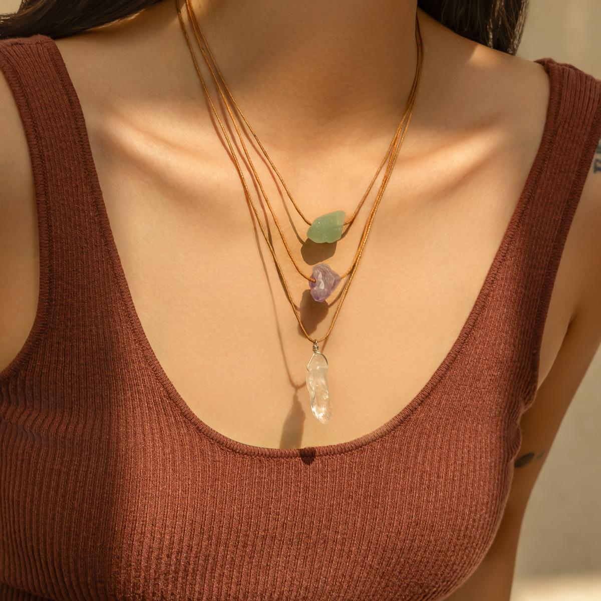 

Holiday irregular gravel fringed pendant necklace, adjustable pastoral multi-layer stacking long necklace