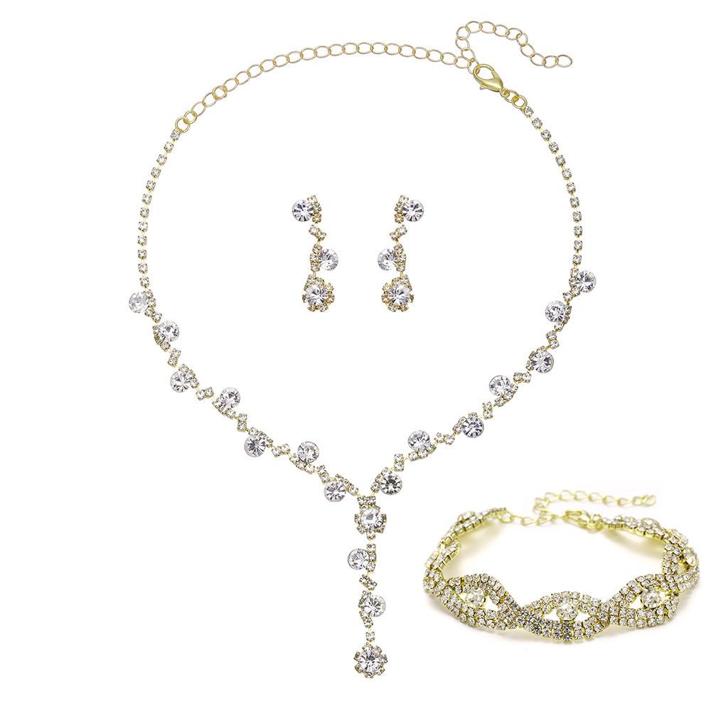 Multi-Color Jewelry Set New Shiny Full Diamond Women'S Wedding Jewelry Necklace Earrings Bracelet Three-Piece Set