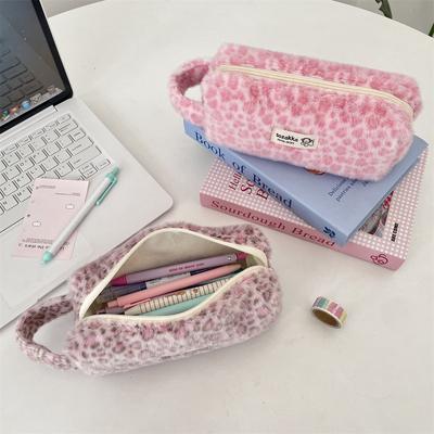 Ins Retro Leopardo Peluche Bolso de Mano para Maquillaje Bolso Cosmético Femenino Estudiantes Neceser Estuche de Lápices de Alta Belleza Estuche de Papelería