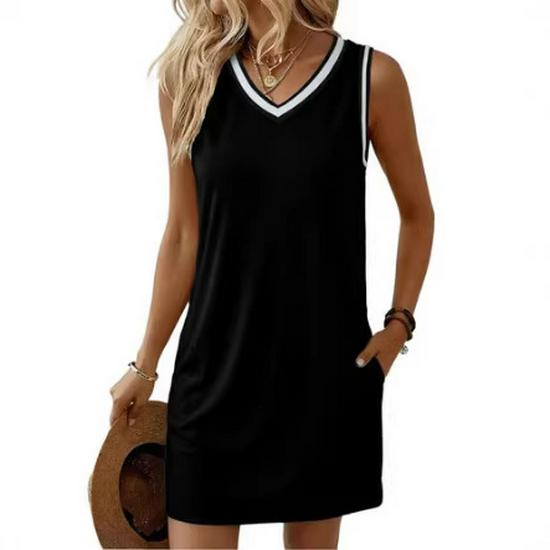 2026 Women's Color Block V-Neck Sleeveless Dress - Cross-Border E-commerce Collection