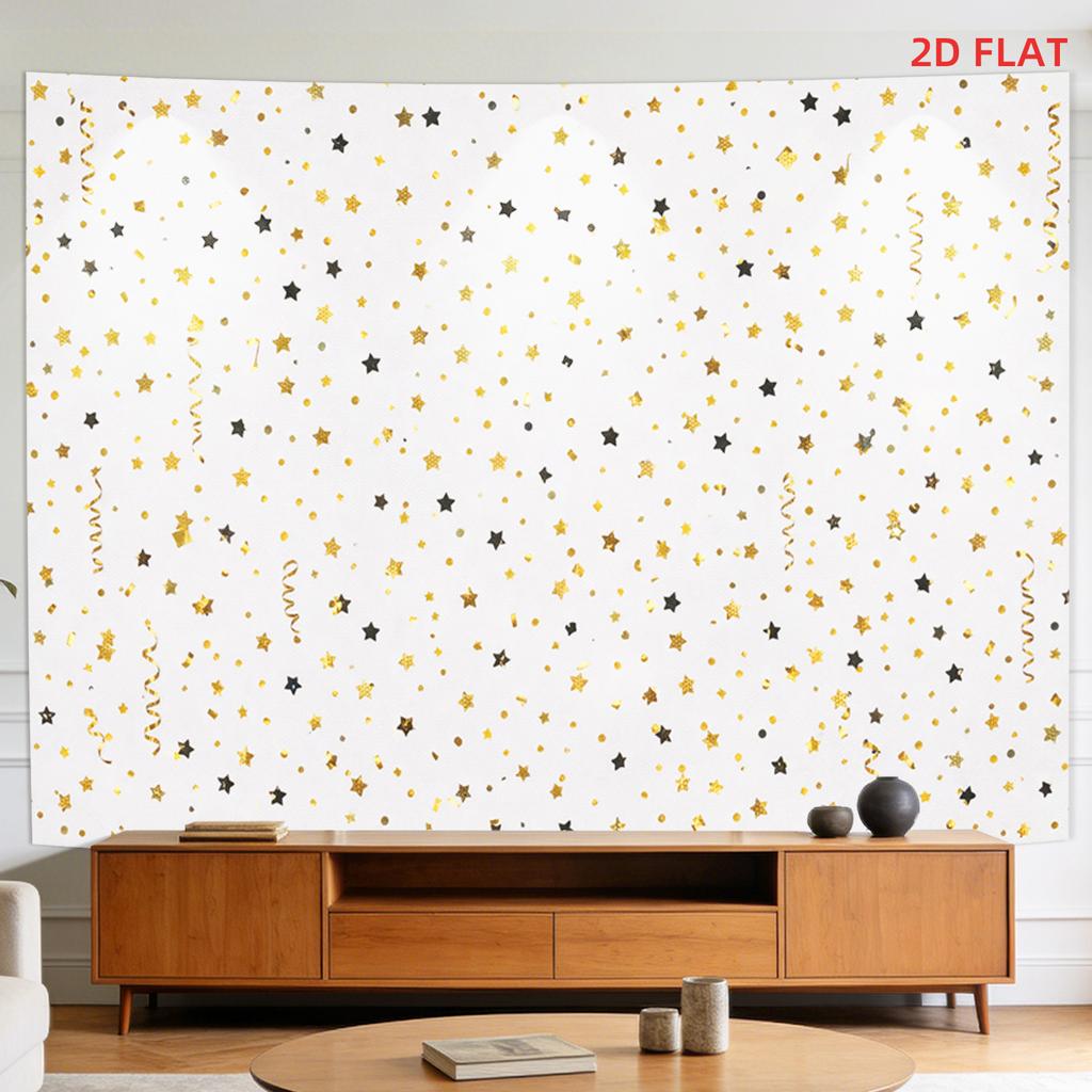 2D Flat, [2D Plane Printing] 1 Large Size/small Size Pattern Printed Tapestry- Golden Stars, Glitter, White Background, Festive, Confetti, Room Wall D
