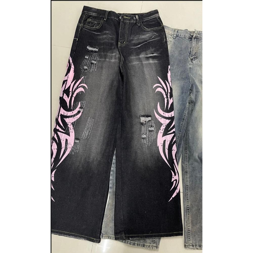 Y2K American Vintage Mottled Totem Print Baggy Jeans Women's High Waist Wide Leg Jeans Women's Harajuku Trendy Hip-hop Jeans
