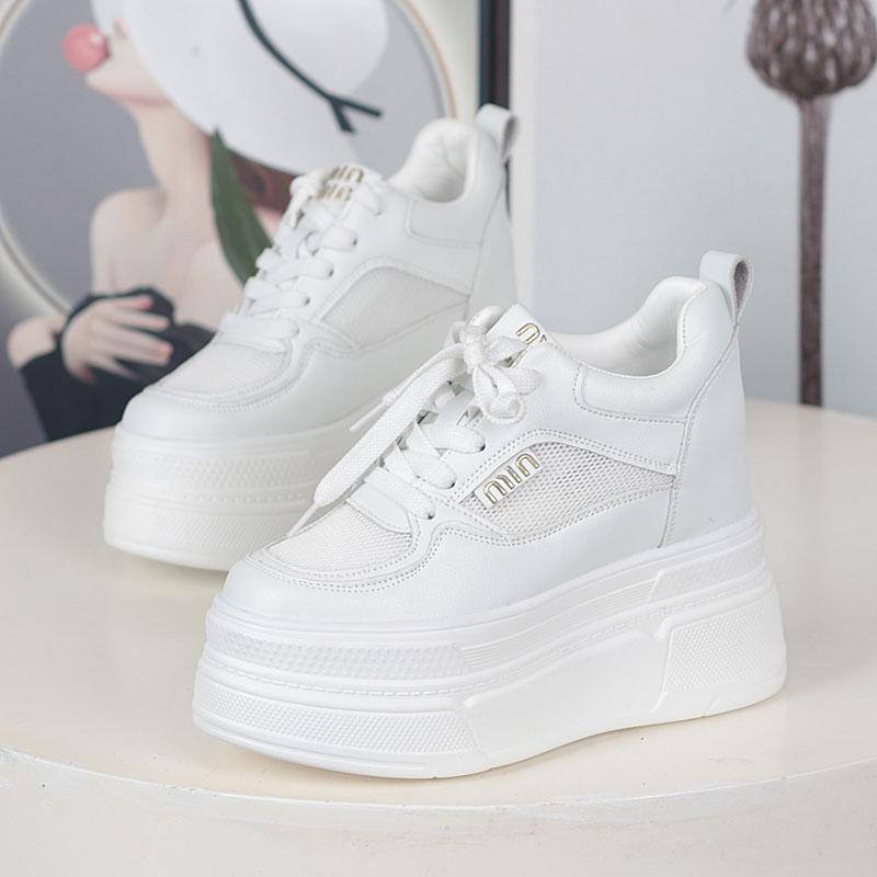 Fashion 12CM Women Casual Walking Shoes Summer Autumn Lace Up Leather High Quality Sneakers Fashion Flat-Bottomed Female Chunky Sneakers