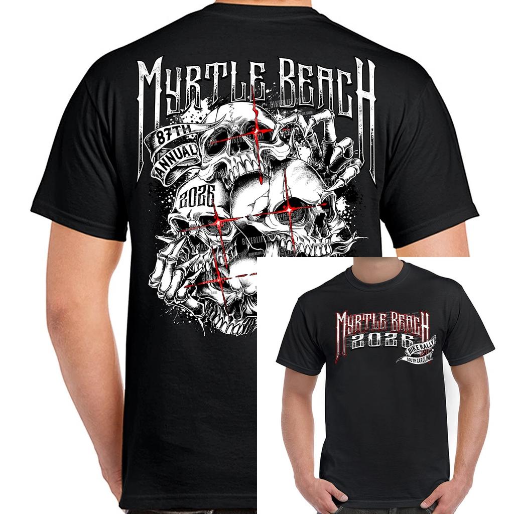 Tshirt 2026 Myrtle Beach Bike Rally Stacked Skulls Graphic Printing Highend Luxury Unisex Style Both Of Men And Women