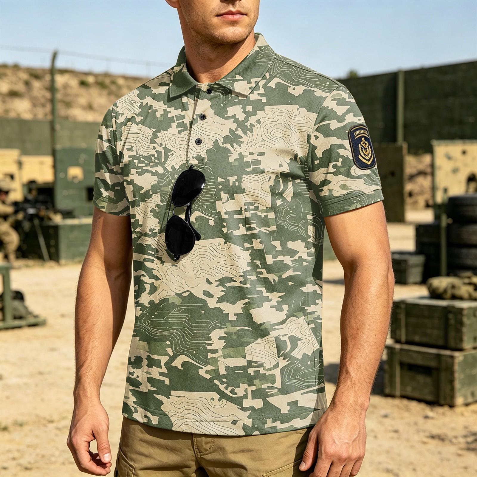 Herren taktisches Polohemd lockere Passform atmungsaktiv Outdoor schnell trocknend Kurzarm Camouflage-Print mit Klettfläche XXXL armee grüne