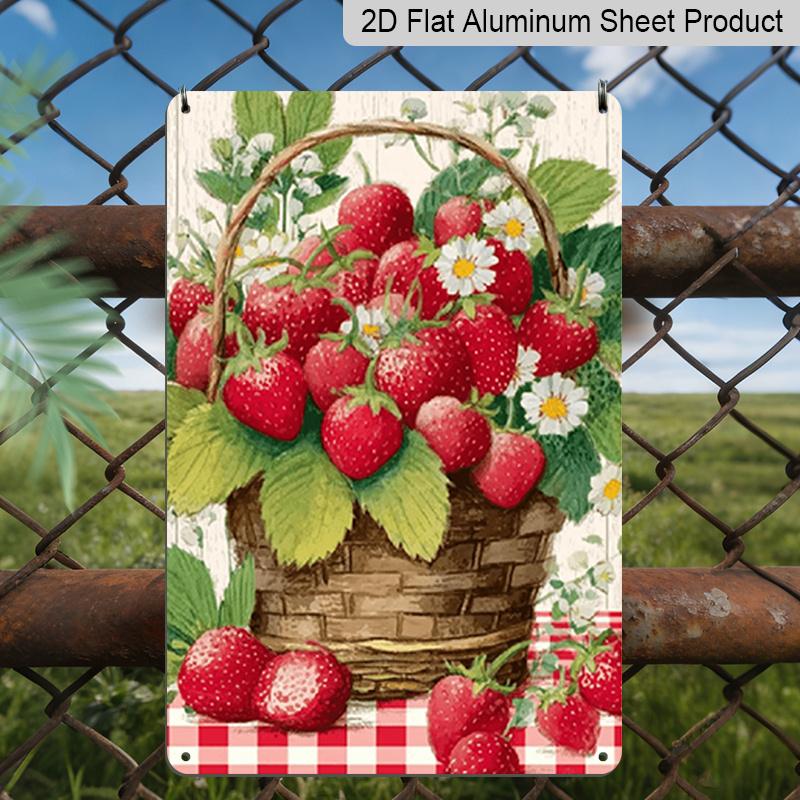 

2D Flat Decorative Sign Plaque | Strawberry Welcome Garden Aluminum Sign, Strawberry and Basket Garden Decor, Summer Fruit Theme Yard Sign Lawn Sign 20*30cm